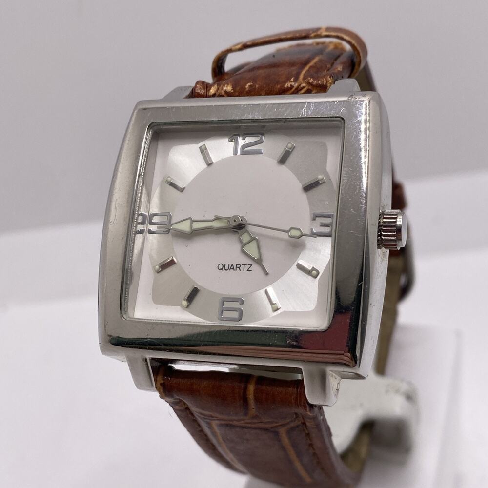 Mens Worn Brown Leather Silver Watch New Battery